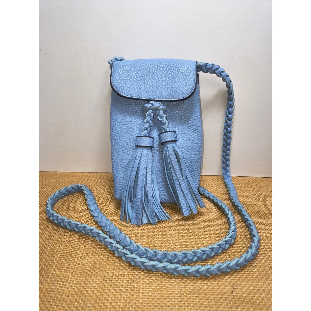 Light Blue Pebbled Vegan Leather Tassel Crossbody Phone Bag Purse Braided Strap
